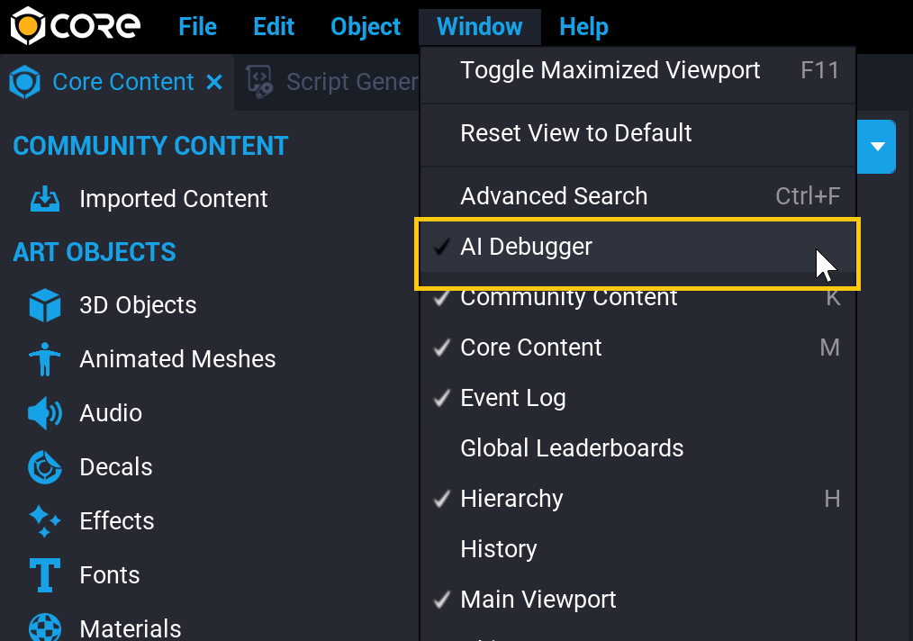 AI Debugger in Window Menu