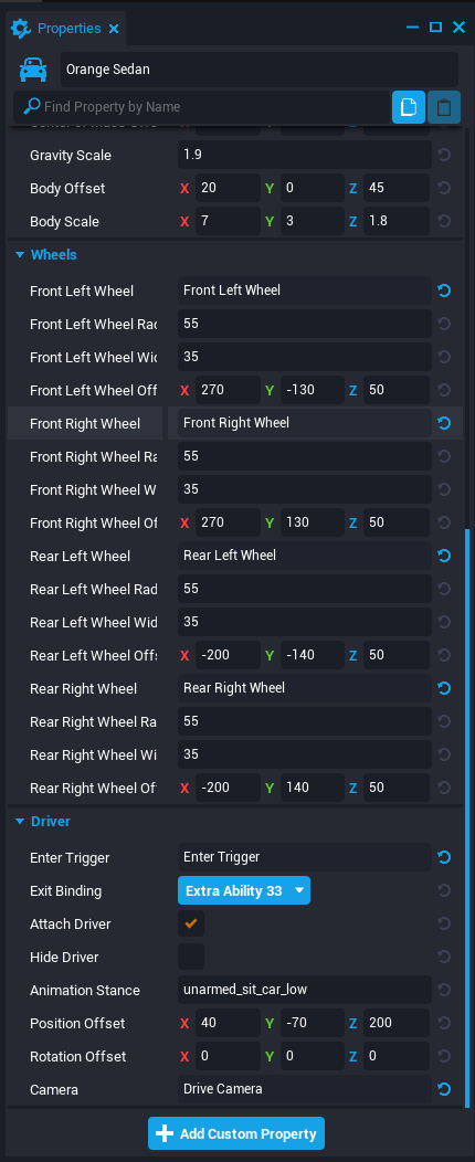 Orange Sedan Wheels Properties Filled